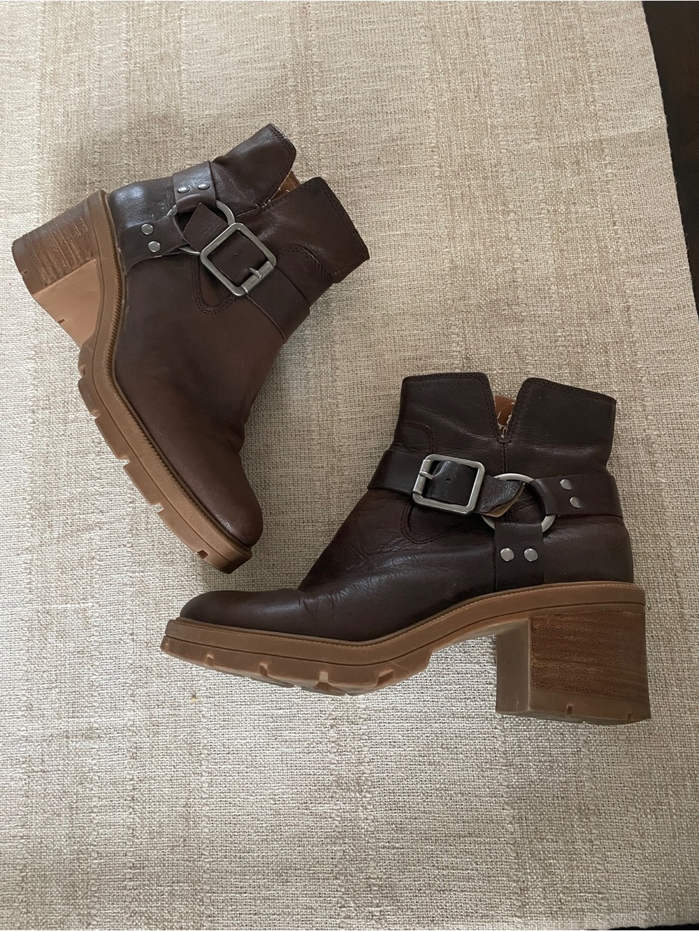 Lucky Brand LK SLVYIN Brown Leather Harness Ankle Boot Buckle Zip Women 7M/37.5